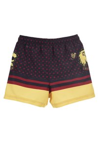 Shorts de bain à motifs avec une base bleu foncé, des étoiles rouges, des bordures jaunes et l'emblème du lion de Gryffondor d'un côté. Taille élastique.