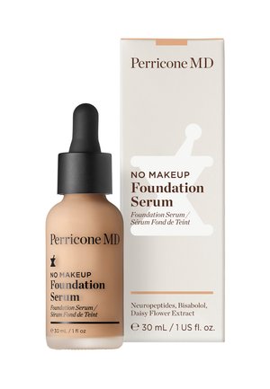 Perricone MD No Makeup Foundation Serum in un flacone con contagocce in vetro, beige chiaro, con contagocce nero e dettagli testuali su una scatola bianca.