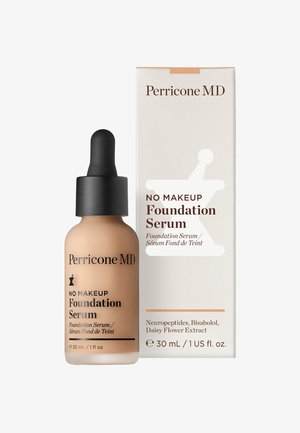 Perricone MD No Makeup Foundation Serum in einer Glas-Tropfflasche, hellbeige, mit einem schwarzen Tropfer und Textdetails auf der weißen Box.