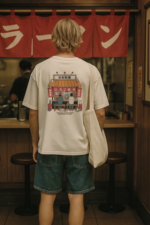 Oseba z blond lasmi, oblečena v grafično majico in denim kratke hlače, stoji za pultom v japonski restavraciji z rdečimi zavesami.