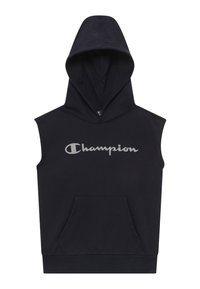Marinblå ärmlös hoodie i bomullsblandning, med en framficka i känguru-stil och en stor broderad "Champion"-logotyp över bröstet.