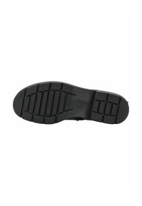 Suela de zapato de goma negra con patrones de banda de rodadura profundos y el nombre de la marca "Gabor" grabado en el centro.