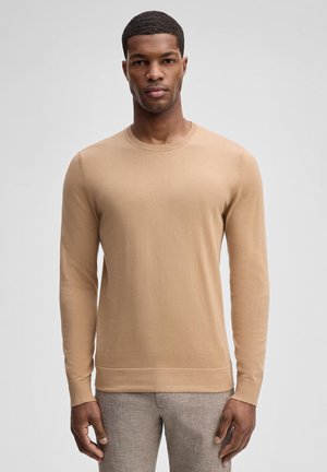 Uomo con maglione beige a maniche lunghe e pantaloni grigi in piedi davanti a uno sfondo grigio chiaro uniforme, rivolto verso l'obiettivo.