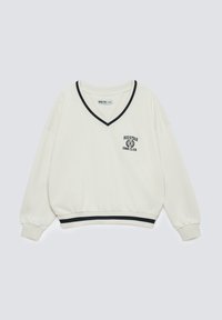 Weißer Pullover mit V-Ausschnitt, kontrastierenden marineblauen Abschlüssen und gesticktem "BIG STAR DENIM CLUB"-Logo auf der Brust. Weicher Stoff und elastische Bündchen.