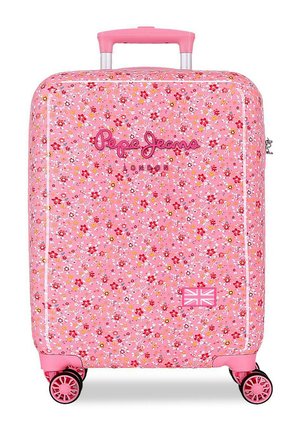 Maleta rígida rosa con pequeño patrón floral, cuatro ruedas giratorias rosas, asa telescópica y logo "Pepe Jeans London" en la parte frontal.