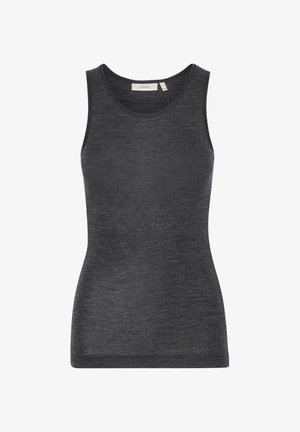 Beżowy top na ramiączkach w kolorze ciemnoszarym, z okrągłym dekoltem, dopasowany krój i miękka tekstura. Zawiera metkę z tyłu. Brak wzorów lub akcentów.