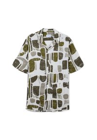 Camicia a maniche corte in tessuto bianco con motivi astratti a blocchi verdi, grigi e neri. Presenta un colletto classico e chiusura con bottoni.