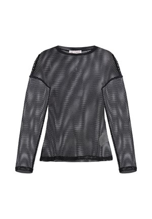Schwarzes langärmeliges Netz-Oberteil aus Fischernetz mit rundem Ausschnitt und regulärer Passform.