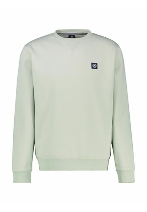 Sweatshirt vert clair à col rond, manches longues, poignets et ourlet côtelés, avec un petit logo bleu marine sur la poitrine.