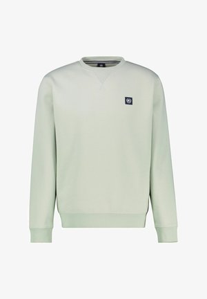 Lichtgroene trui met een ronde halslijn, lange mouwen, geribbelde manchetten en zoom, met een klein marineblauw logo op de borst.