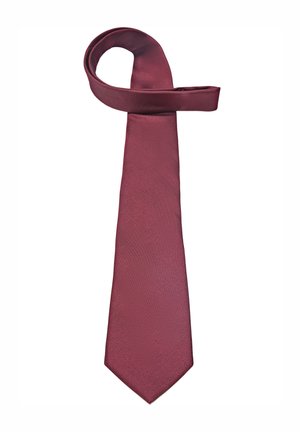 Solid burgundy necktie with a textured fabric, loosely tied in a loop against a white background.