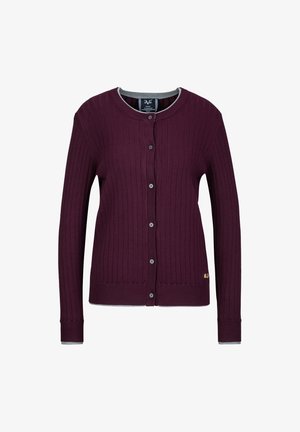 Bordeaux geribbelde cardigan met een ronde halslijn, knopenluiting en contrasterende grijze afwerking op de manchetten. Bevat een klein logoaccent.