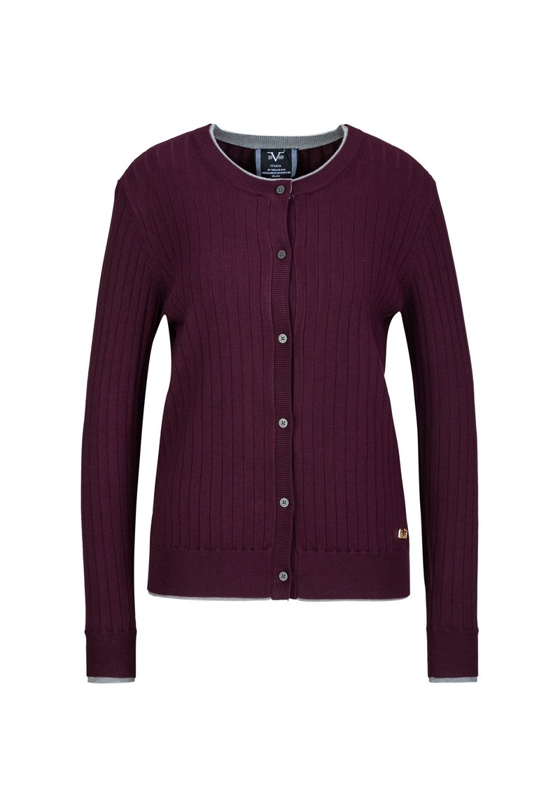 Burgunderfarbenes Rippstrick-Cardigan mit rundem Ausschnitt, Knopfverschluss und kontrastierendem grauem Besatz an den Bündchen. Mit kleinem Logo-Detail.