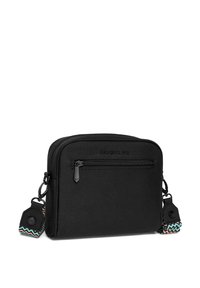 Black rectangular shoulder bag made of textured fabric, featuring a front zip pocket and colorful woven strap accents.