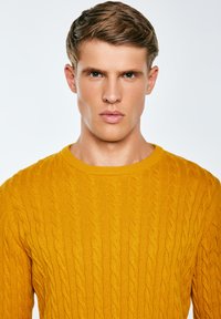 Maglione giallo lavorato a maglia con motivo a treccia, scollatura rotonda e maniche lunghe, realizzato in materiale morbido con un aspetto texturizzato.