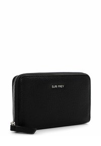 Black zippered wallet made of textured leather. Features a wrist strap and metallic logo. Rectangular shape with a smooth finish.