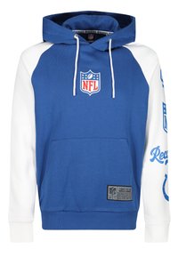 Blue and white hoodie featuring NFL logo, front pocket, and drawstrings. Text graphics on the white sleeve. Soft cotton material.