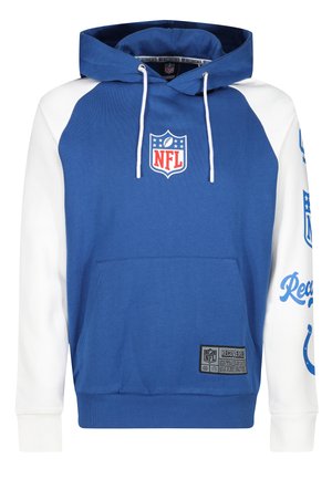Blå og hvid hættetrøje med NFL-logo, forlommer og snore. Tekstgrafik på den hvide ærme. Blødt bomuldsmateriale.