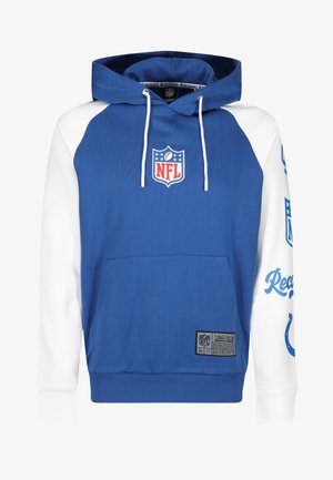 Sininen ja valkoinen huppari, jossa on NFL-logo, etutasku ja kiristysnauhat. Teksti grafiikkaa valkoisessa hihassa. Pehmeää puuvillamateriaalia.