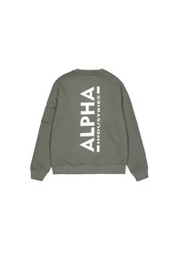 Felpa verde oliva con collo a giro, logo bianco "ALPHA INDUSTRIES" sul retro e tasca sulla manica sinistra. Tessuto morbido e dalla texture piacevole.