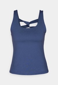 Niebieski top bez rękawów z okrągłym dekoltem oraz dwiema skrzyżowanymi ramiączkami z tyłu, wykonany z elastycznego materiału.