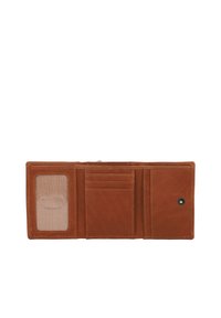 Brun læder tri-fold pung med gennemsigtigt ID-slot, fire kortholdere og en møntlomme med trykknap, vist helt åben på en hvid baggrund.