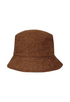 Brown herringbone fabric bucket hat with a wide downward sloping brim and a small metal logo on the side.