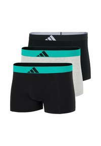 Trois paires de boxer : un noir, un gris, un noir avec une ceinture turquoise. Chacune présente un logo sur la ceinture et un design ajusté.