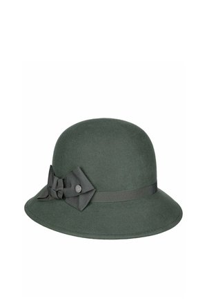 Dark green felt cloche hat with a wide, downward brim and a matching ribbon band adorned with a bow on the side.
