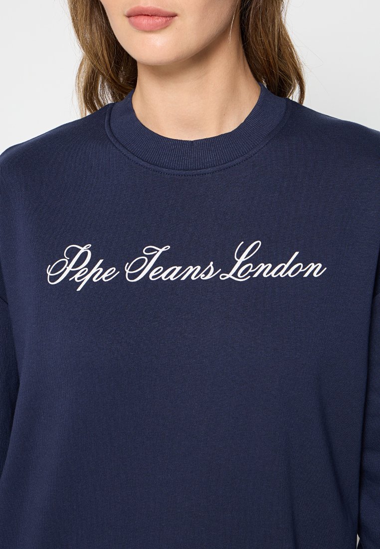 Marineblaues Sweatshirt mit geripptem Kragen, das auf der Vorderseite in weißer Schreibschrift "Pepe Jeans London" zeigt. Aus Baumwollmischung, mit glatter Textur.