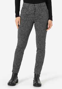 Gray leopard-print pants featuring a fitted design, five pockets, and a multi-button closure. Pair with black ankle boots.