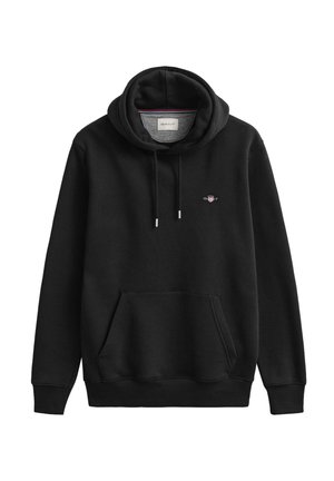 Felpa nera con cappuccio in tessuto misto cotone. Presenta un ampio cappuccio, una tasca a marsupio frontale e un piccolo logo ricamato sul petto.