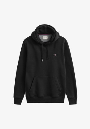 Felpa nera con cappuccio in tessuto misto cotone. Presenta un ampio cappuccio, una tasca a marsupio frontale e un piccolo logo ricamato sul petto.