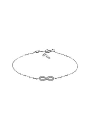 Bracelet chaîne en argent délicat avec un petit pendentif symbole de l'infini incrusté de minuscules cristaux et une fermeture à fermoir homard.
