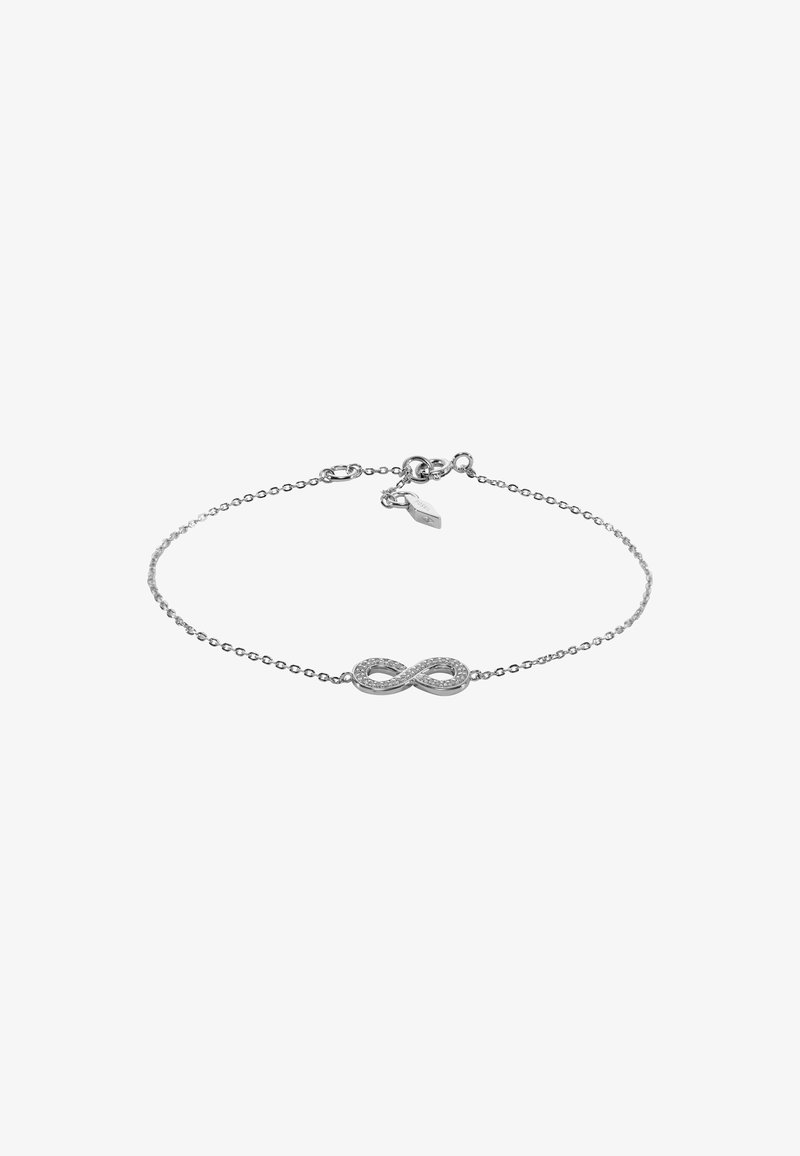 Zartes Silberkettchenarmband mit einem kleinen Anhänger in Form eines Unendlichkeitssymbols, der mit winzigen Kristallen besetzt ist, und einem Karabinerverschluss.