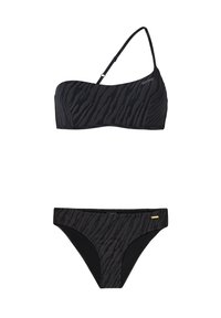 Čierny bikini set s textúrovaným vzorom tygrej pruhy. Bandeau top má tenký nastaviteľný popruh a spodenky majú klasický strih.