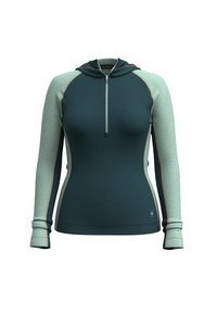 Maglione a maniche lunghe con cappuccio in verde scuro, maniche in menta chiara, con zip frontale e aperture per il pollice. Presenta cuciture e loghi a contrasto.