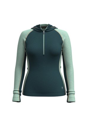 Hooded long-sleeve top in dark teal with light mint sleeves, zipper front, and thumbholes. Features contrasting seams and logos.