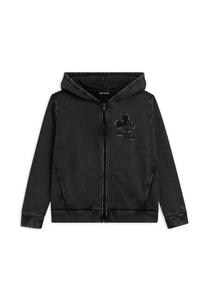 Sweat-shirt à capuche zippé noir en tissu lisse. Comprend des poches avant et un graphique brillant de Mickey Mouse sur la poitrine.