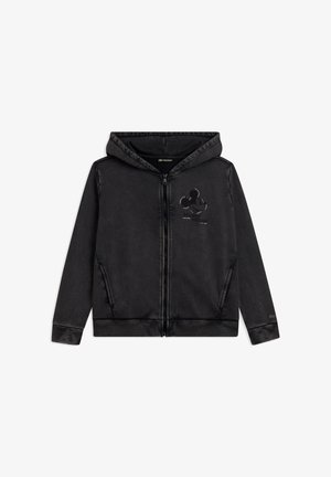 Sweat-shirt à capuche zippé noir en tissu lisse. Comprend des poches avant et un graphique brillant de Mickey Mouse sur la poitrine.