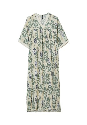 Vestito largo fino al ginocchio con scollo a V e maniche al gomito, con motivi floreali e geometrici astratti verdi, blu e beige su tessuto crema.