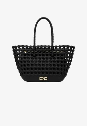 Sac cabas tissé noir avec anses tressées, pochette intérieure zippée et détail de fermoir rectangulaire doré sur base solide.