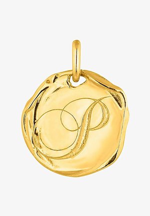 Colgante de oro con una forma irregular y texturizada, con un lazo de sujeción, que presenta una "P" grabada en cursiva en el centro.