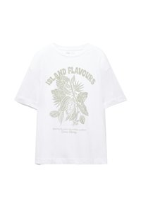 Weißes Baumwoll-T-Shirt mit einem grünen tropischen Grafikdruck und Text. Das Design umfasst Blätter und eine Kakaobohne. Kurze Ärmel, lockere Passform.