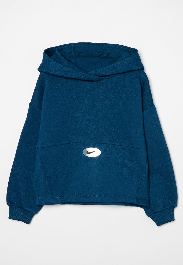 Hoodie en teal en tissu doux, avec une grande poche avant, un design oversized et un logo Nike réfléchissant sur la poitrine.
