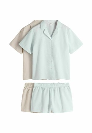 Zweiteiliges Set aus zwei kurzärmligen Hemden mit Knöpfen und passenden Shorts mit elastischem Bund in Hellblau und Beige, gefertigt aus strukturiertem Stoff.