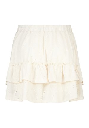 Mini-jupe blanche crème à volants avec motif œillet et taille élastique.