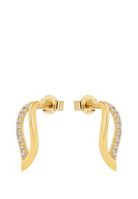 Guldtonade örhängen med en böjd design dekorerad med små klara rhinestones längs en kant, säkrade med en stiftbak.