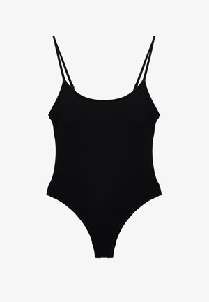 Czarny jednoczęściowy strój kąpielowy z cienkimi regulowanymi ramiączkami, gładką fakturą i wysokimi nogawkami. Minimalistyczny design z okrągłym dekoltem.