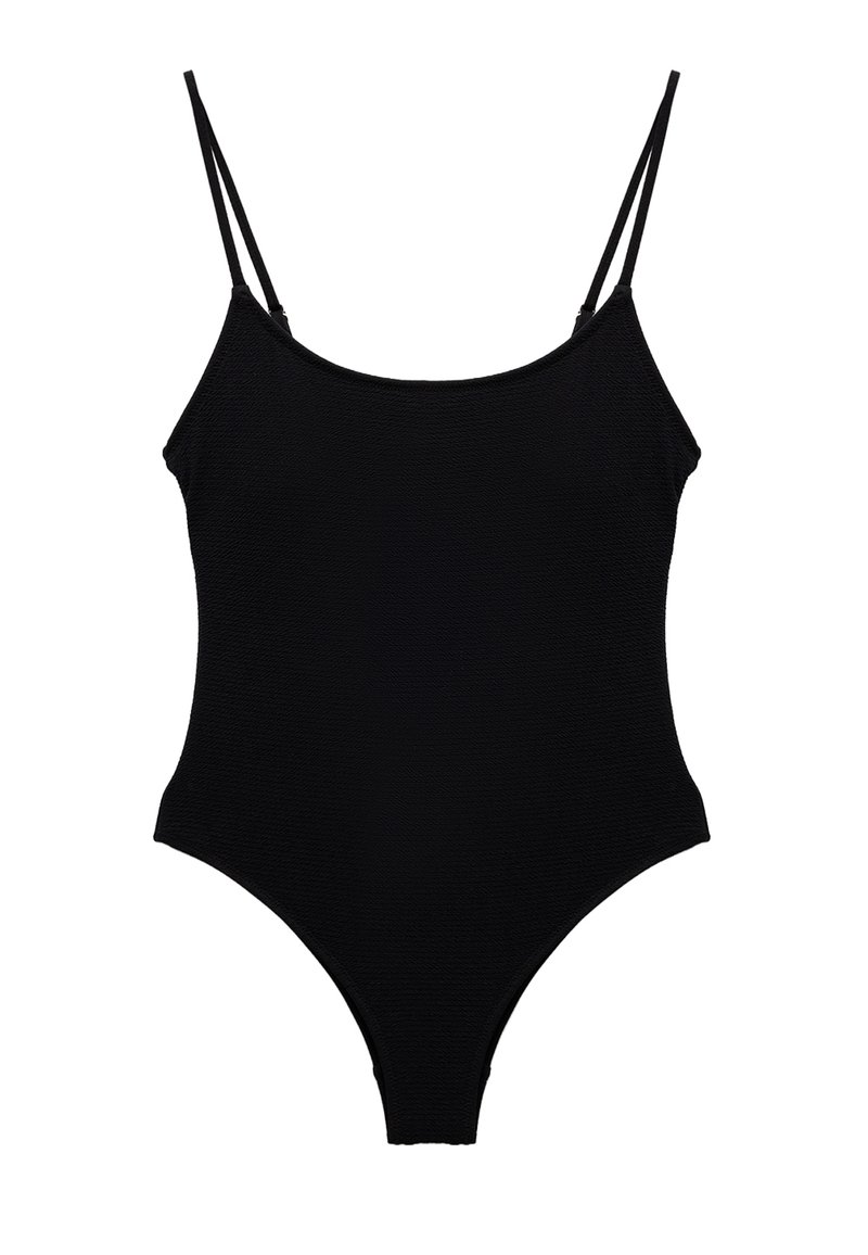 Maillot de bain noir une pièce avec de fines bretelles réglables, texture lisse et jambes hautes. Design minimaliste avec un col rond.